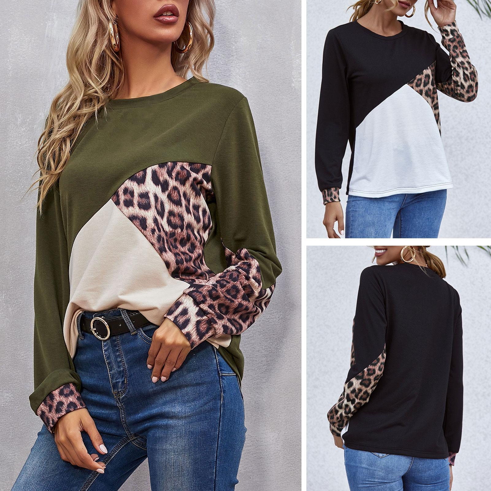 Women Long Sleeve T-shirt Leopard Splicing O Neck Sweatshirt Casual Tops