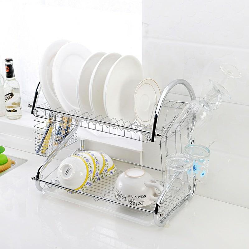 Kệ để chén đĩa 2 tầng bằng inox, Giá úp bát đĩa có ống cắm đũa tiện dụng