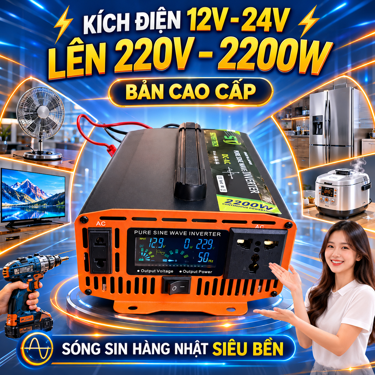 Kích Điện Inverter ST Nhật Bản 2200W Chuyển Nguồn Ắc Quy 12V 24V Thành 220V Ổn Định, đèn trang trí