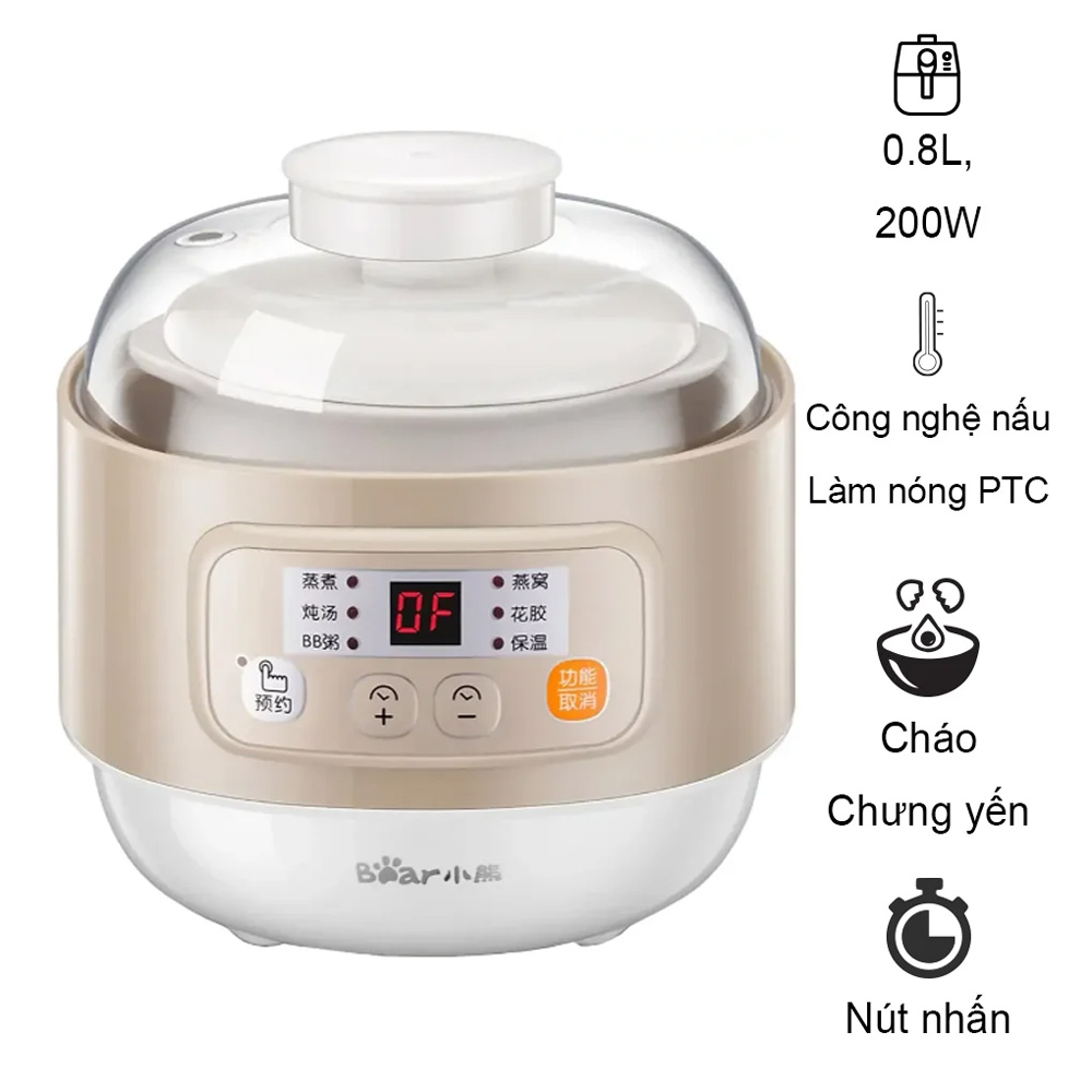 Nồi nấu chậm đa năng Bear DDZ-A08T8 - Nấu chậm, hầm lâu cho món ăn thêm dưỡng chất - Hàng chính hãng