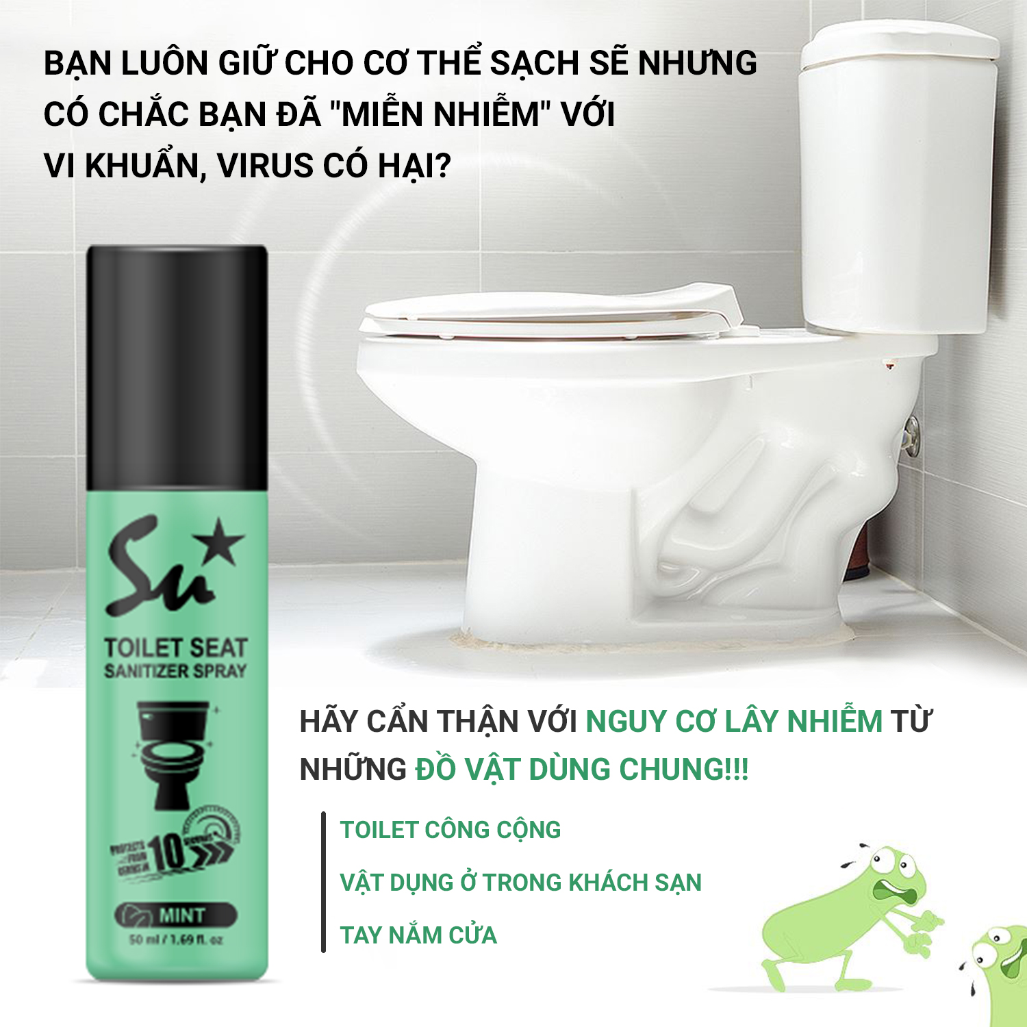 Xịt khử khuẩn bệ ngồi bồn cầu Su Star, Khử 99,99% vi khuẩn, ngăn ngừa lây nhiễm bệnh do dùng chung toilet 50ml