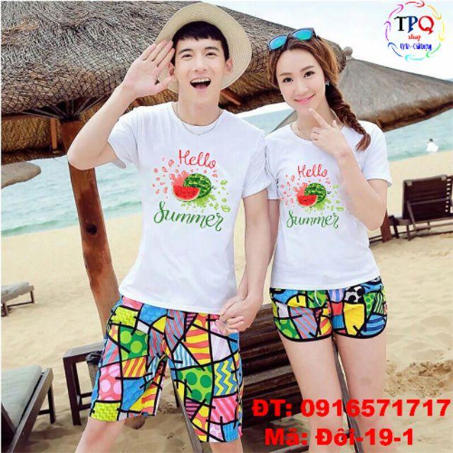 Đồ đôi đi biển mẫu  mới đẹp sang  quần đa sắc áo in họa tiết dưa hấu hello summer ( giá 1 bộ gồm 1 quần+1 áo)