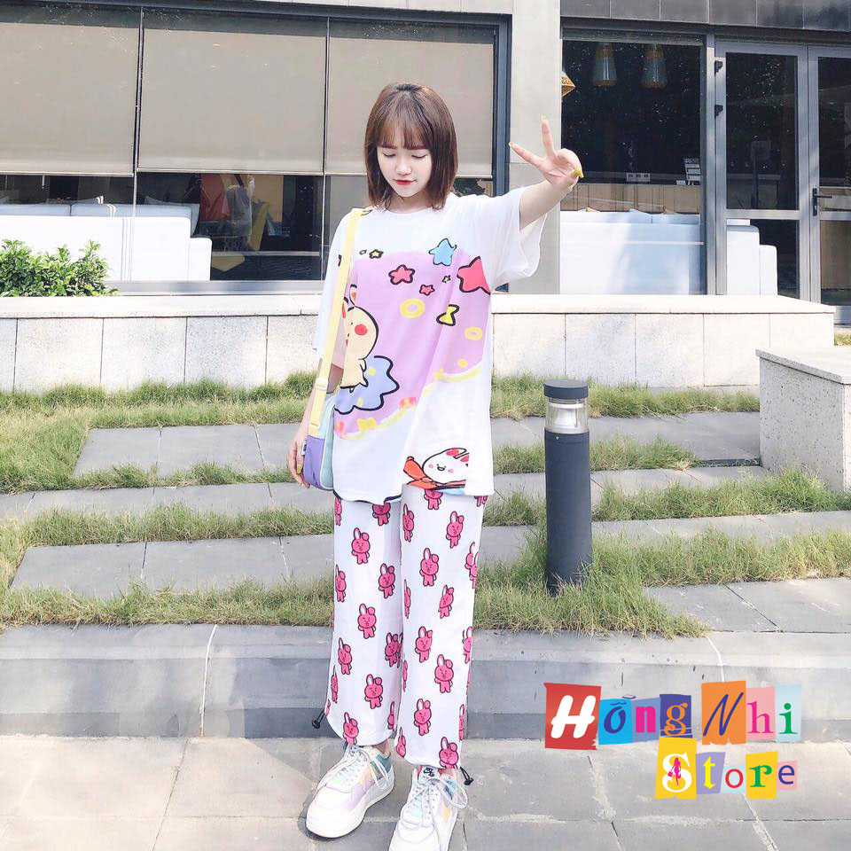 Quần Hoạt Hình Dài Dây Rút Lai Thỏ Hồng Cartoon Pant Oversize Ulzzang Unisex - MM