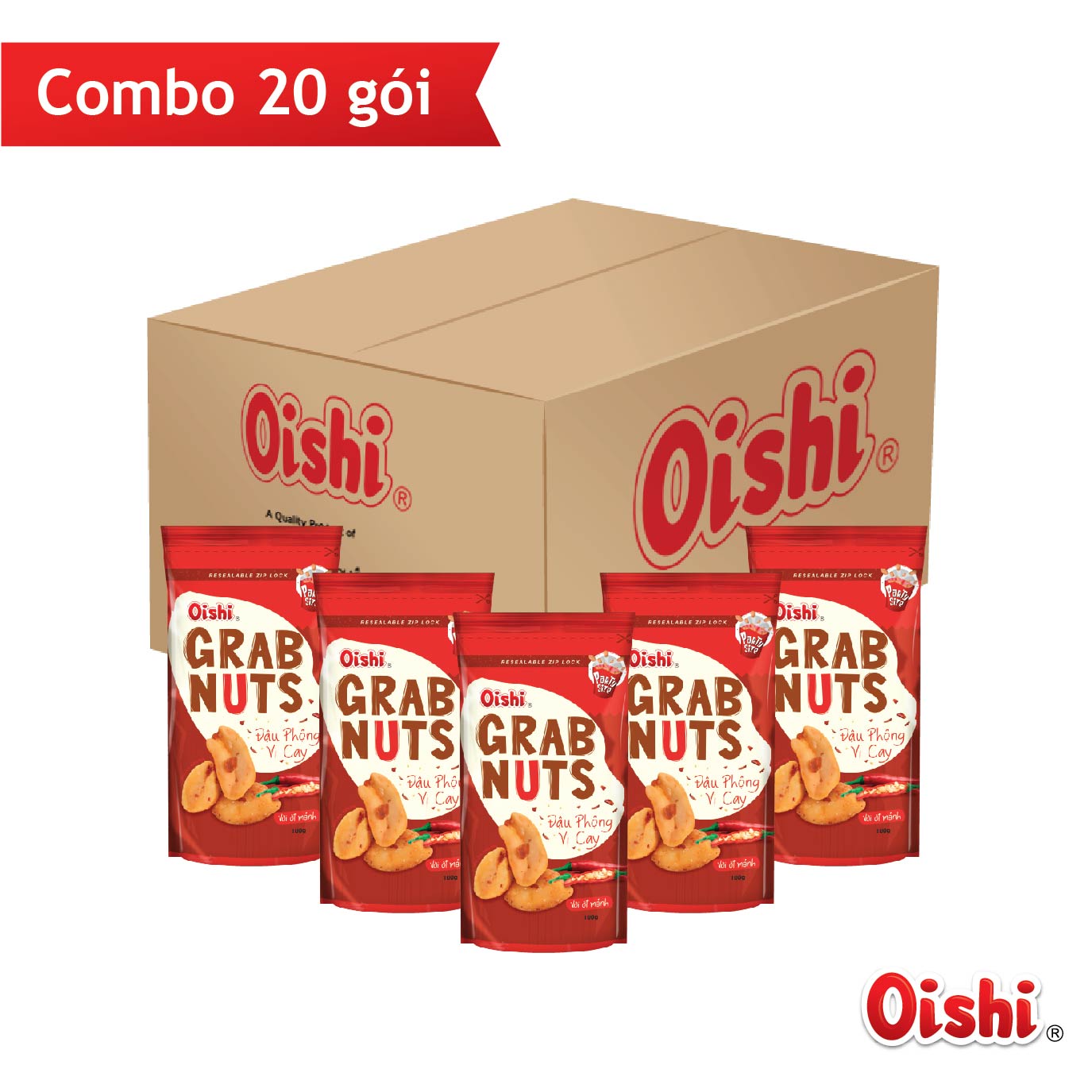 Combo 20 gói Oishi Đậu Phộng Vị Cay Grab Nuts (100g/gói)