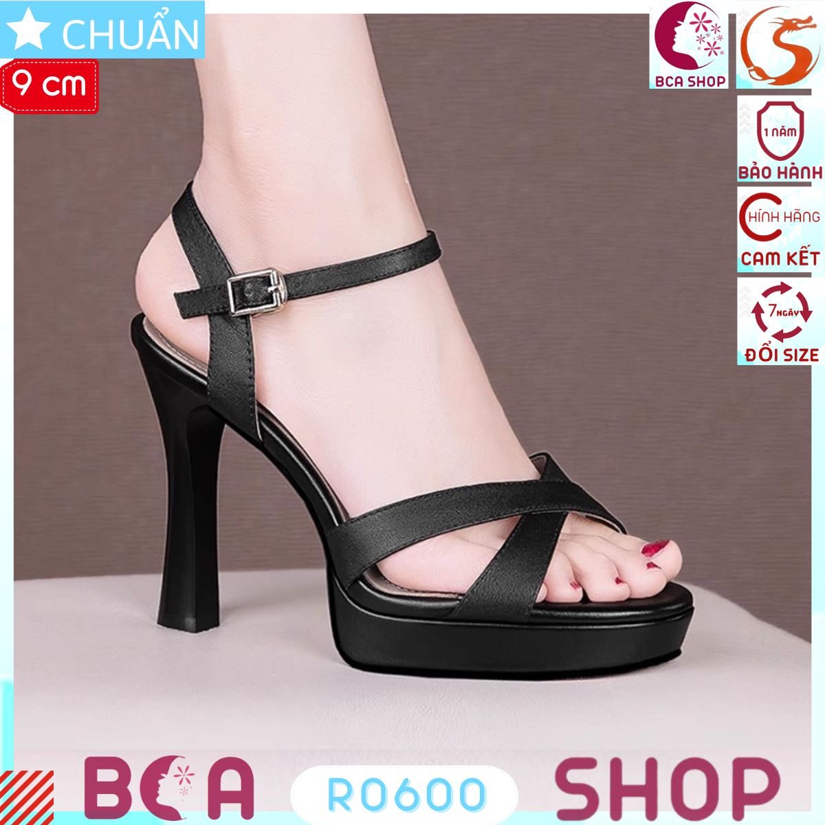 Sandal nữ cao 9 phân RO600 ROSATA tại BCASHOP quai ngang là 2 sợi đan chéo cách điệu, quai sau cài ôm cổ chân thoải mái