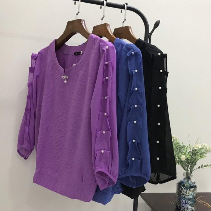 ️Có Big Size️ Áo Trung Niên Nữ Đính Cườm Trẻ Trung , Mẫu Áo Kiểu Trung Niên Cổ Tròn Tay Dài Đính Nút Sang Trọng