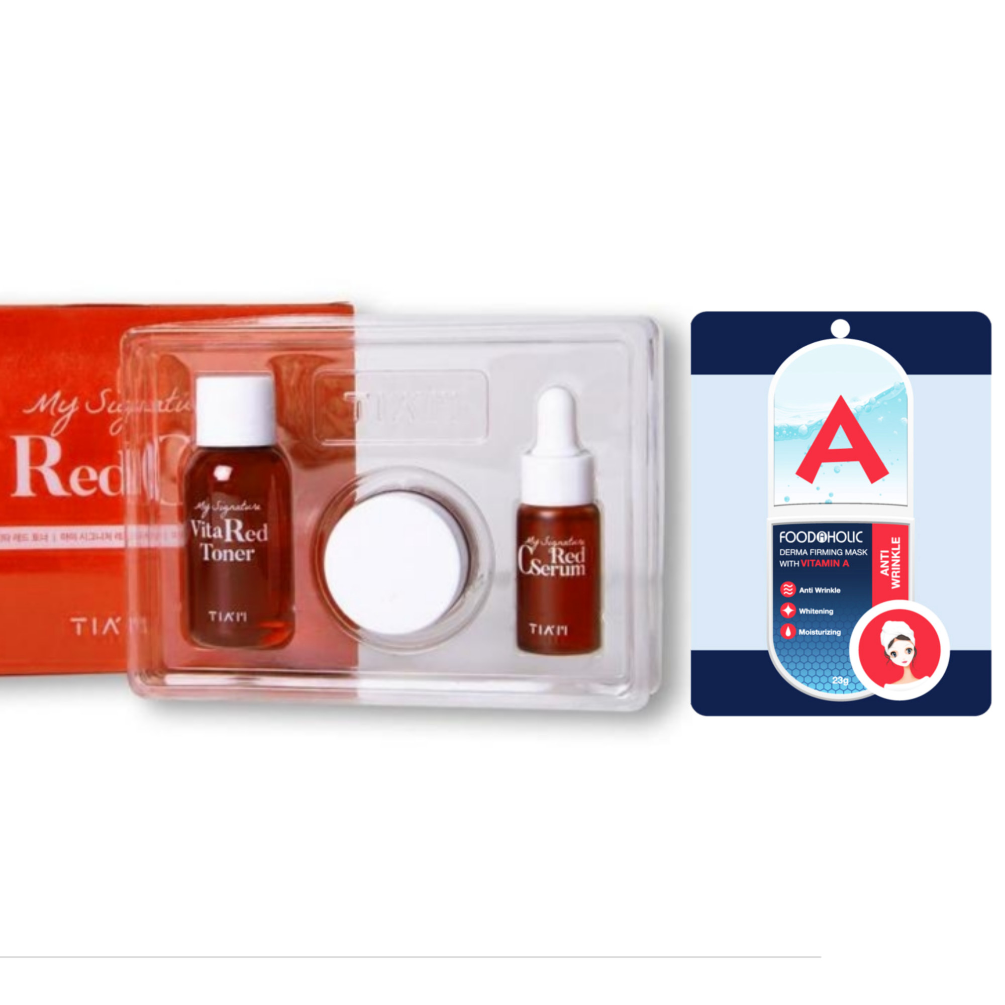 Mini Set dưỡng trắng da, làm mờ thâm, đều màu da TIAM My Signature Red C Toner 40ml+ Serum 12ml + Cream 15ml Tặng 1 mask dưỡng ẩm săn chắc da Foodaholic Vitamin E phù hợp cho làn da nhạy cảm, tiện lợi khi du lịch và thường xuyên công tác