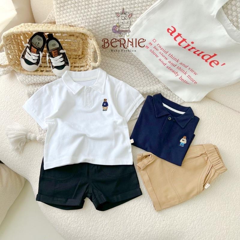 Bộ đồ Polo bé trai basic thêu gấu áo trắng quần short đen, áo xanh quần short be 8-24kg phù hợp với các dịp lễ tết. bé có thể mặc đi học, đi chơi