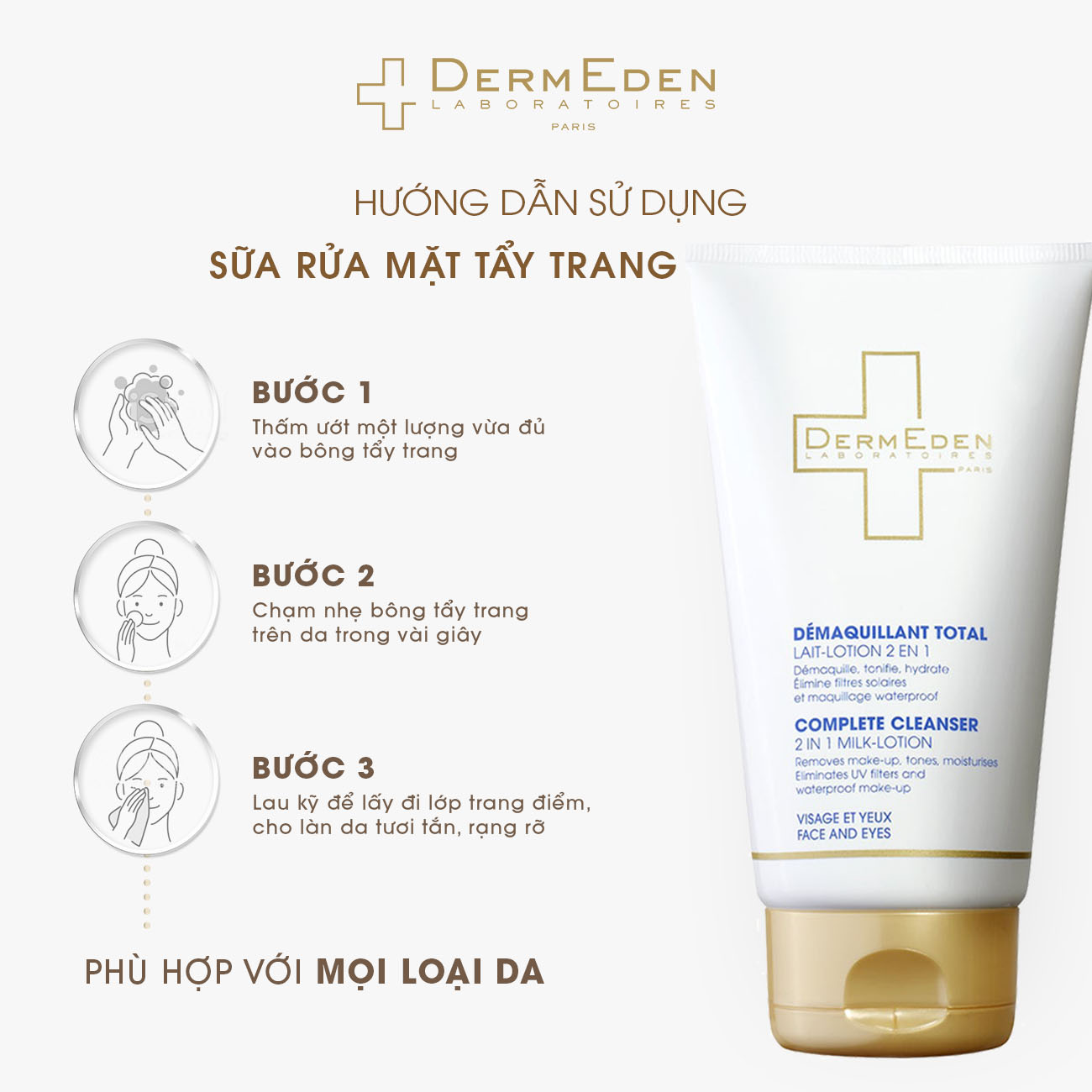 Nước tẩy trang dạng sữa làm sạch và dưỡng ẩm cao cấp DERMEDEN Complete Cleanser 150ml