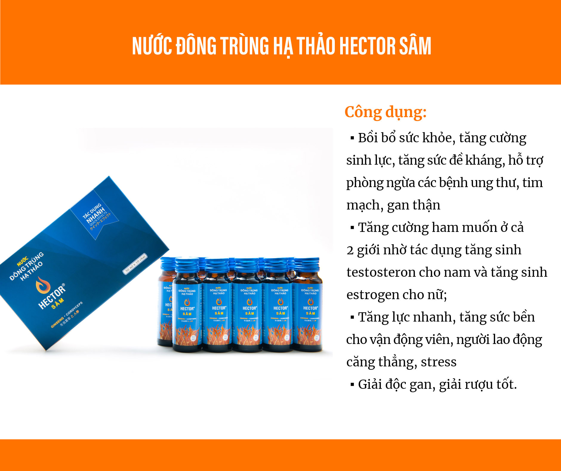 Thực phẩm chức năng - Tăng lực nhanh - Đông trùng hạ thảo Hector Sâm (Combo 2 hộp 20 chai) Dạng Nước, Uống Trực Tiếp, Tăng Cường Sinh Lý Nam Nữ, Phục Hồi Sức Khỏe, Nam, Nữ, Người Lớn Tuổi Đều Dùng Được (50ml/chai)