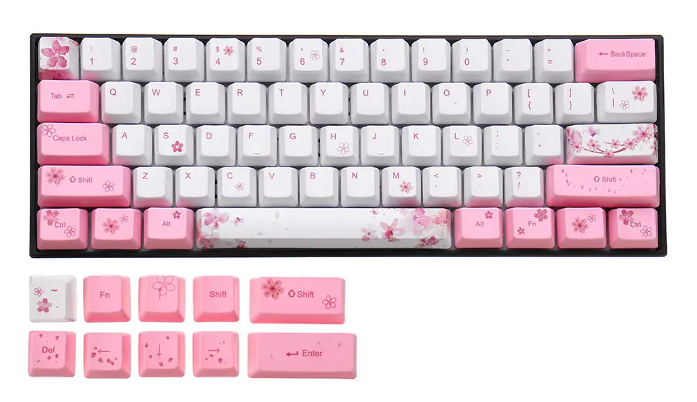 Bộ Keycap (mũ phím) PBT 61 phím – Chính hãng Royal Kludge. Hoạ tiết Sakura - Hoa anh đào. Công nghệ in Dye – sub, bền đẹp. Dành cho bàn phím cơ 61 phím. OEM Profile.