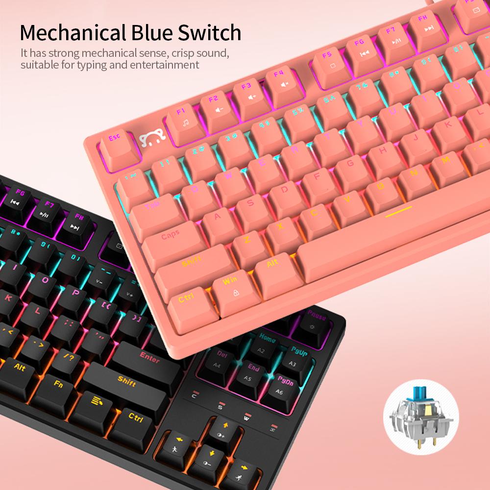 DaiDai STK130 USB Wired Mechanical Keyboard Mixed Light Keyboard 87 Keys Gaming Office Keyboard Ergonomic Design Pink