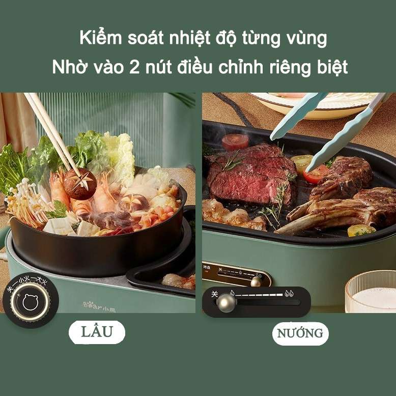 Nồi Điện Đa Năng, Nồi Lẩu Nướng BEAR DKL-C15L1 Gồm 2 Ngăn Dung Tích 2.5 Lít Công Suất 1600 W - Hàng Nhập Khẩu