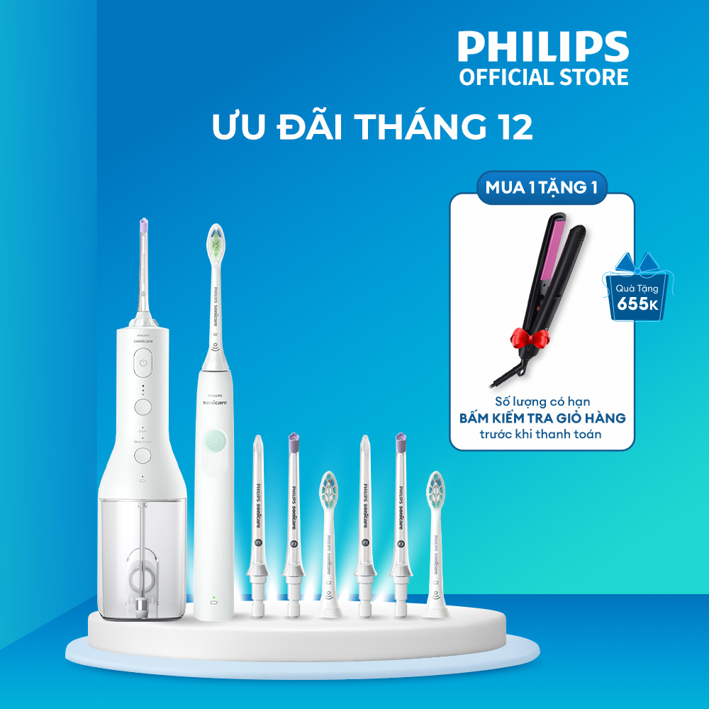 Bộ bàn chải điện Philips HX3641/41 + 2 đầu thay thê HX9022/28 + máy tăm nước HX3806 + 2 đầu thay thê HX3042 + 2 đầu thay thế HX3062