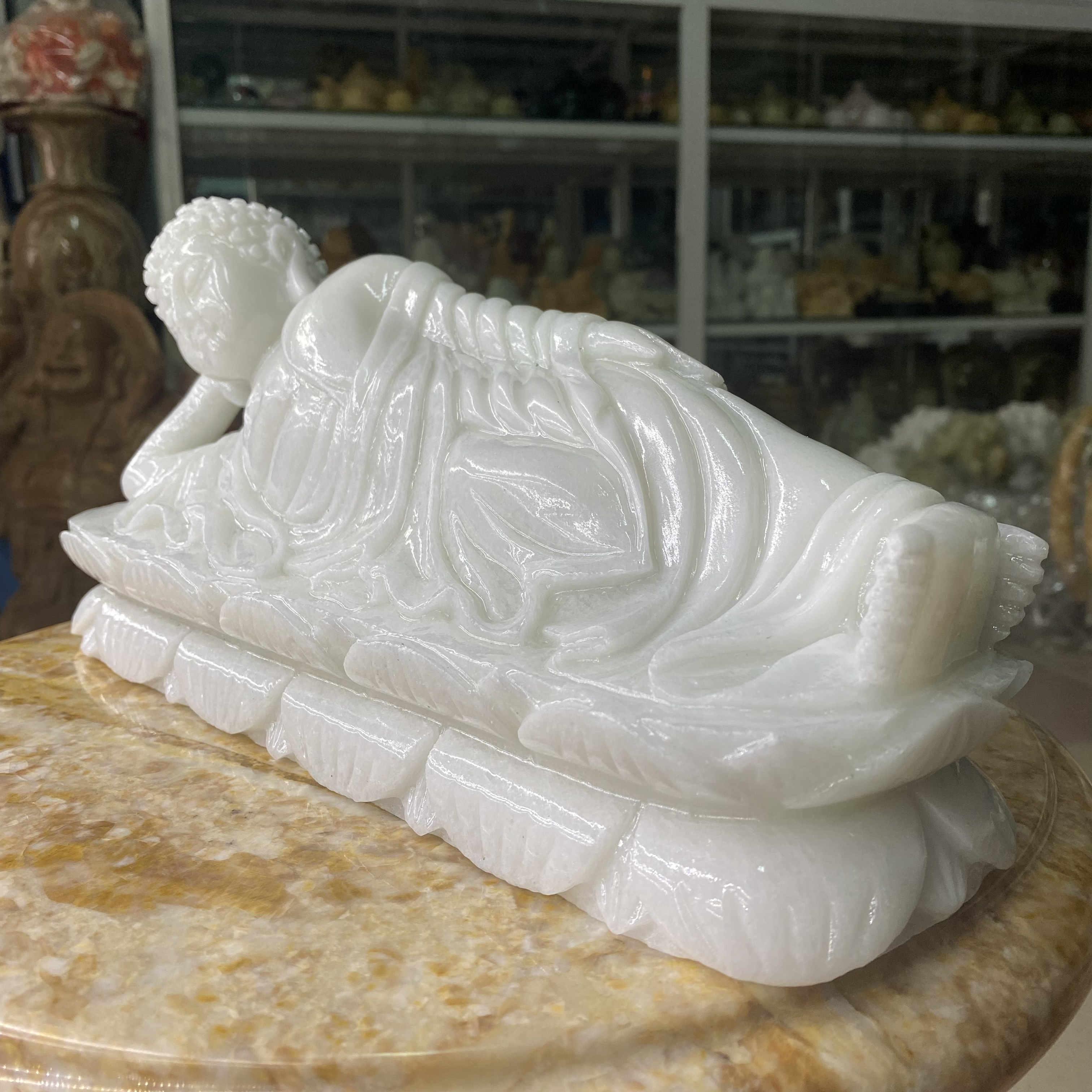 Tượng Phật Nhập Niết Bàn Đá Cẩm Thạch Trắng - ngang 30.5cm