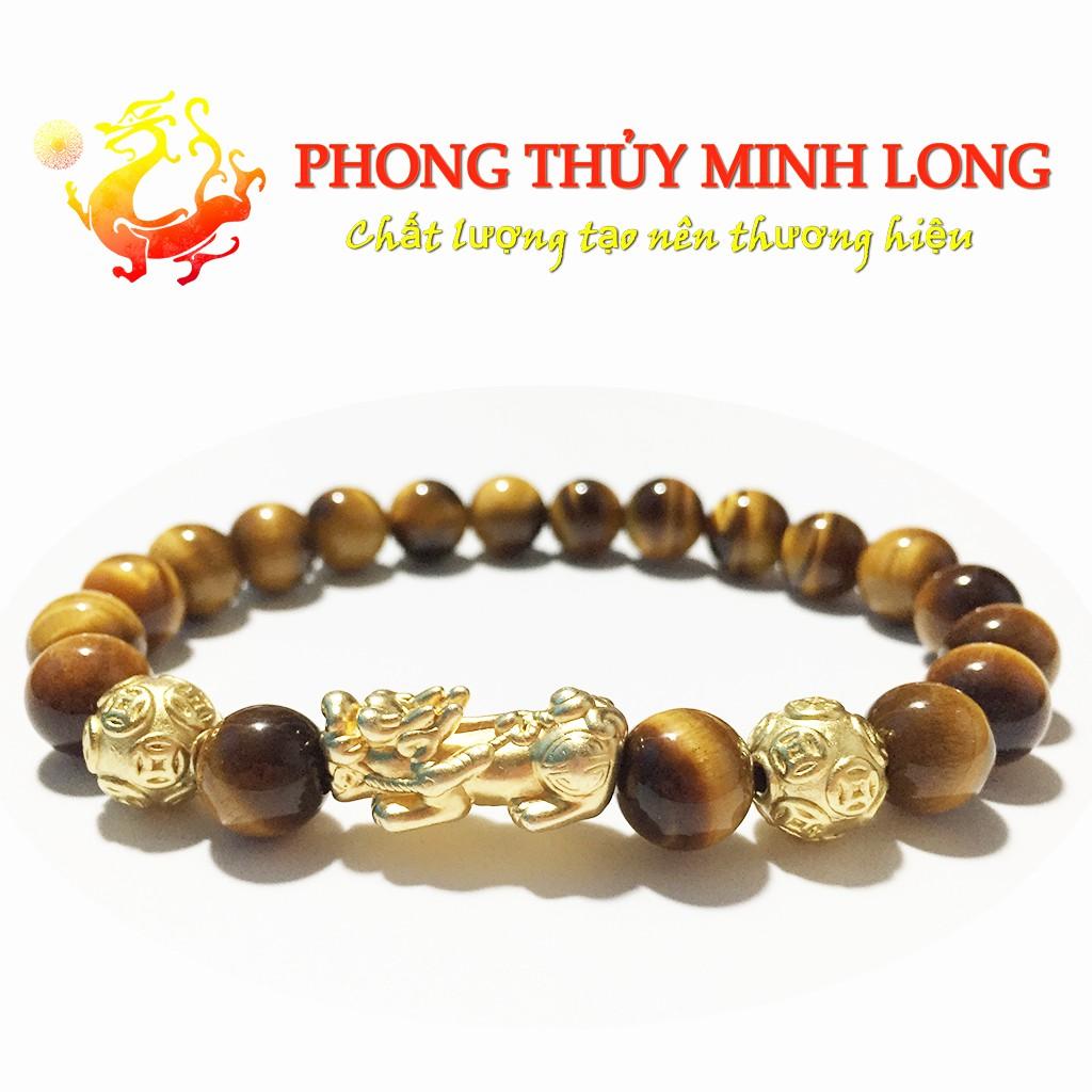 Vòng tay đá mắt hổ Vàng Nâu 5A mix Tỳ Hưu và 2 hạt kim tiền vàng hợp mệnh Kim và Thổ