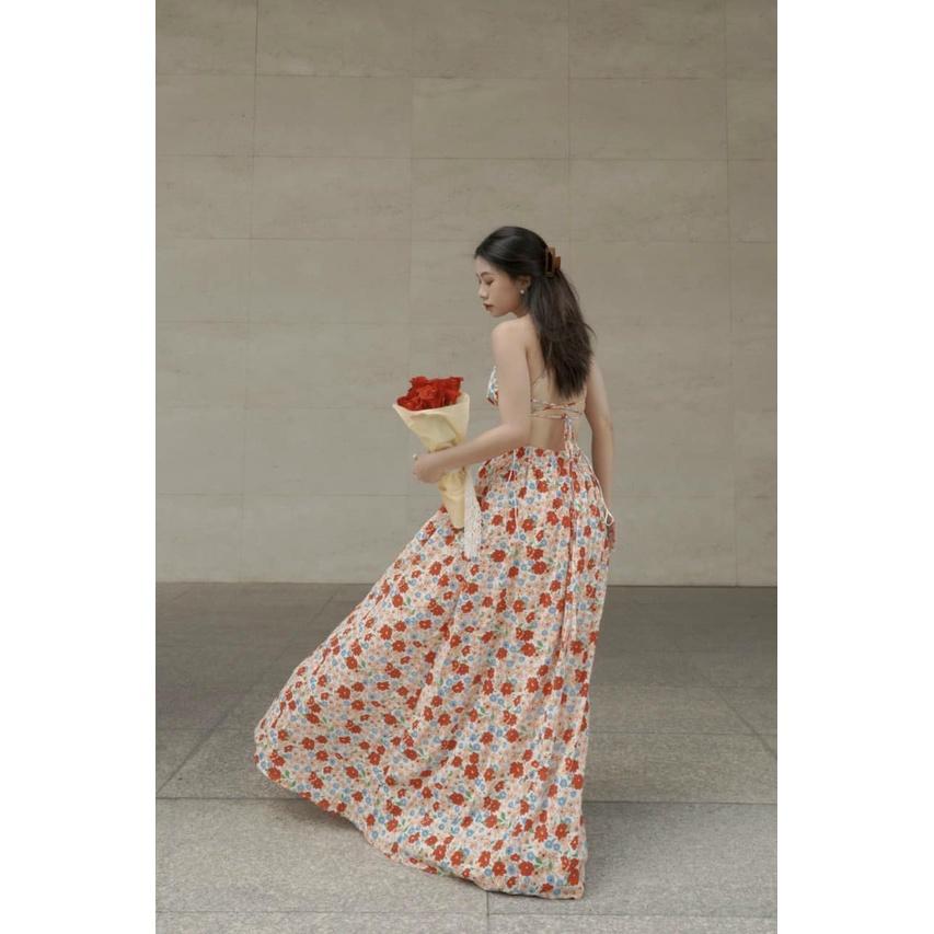 Đầm maxi voan xuất dư xịn - dây đan chéo sau lưng