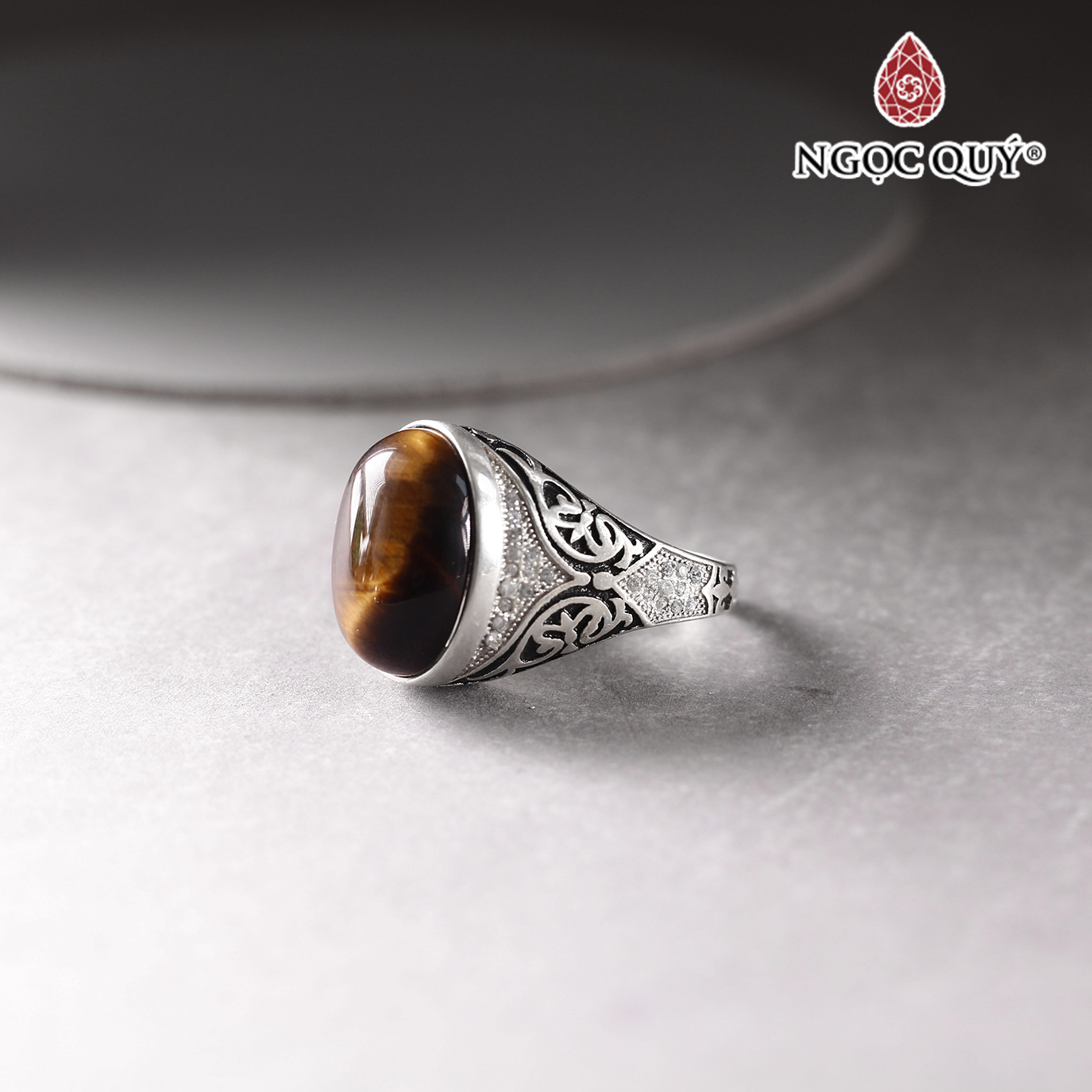 Nhẫn bạc nam đá mắt hổ vàng nâu ni 19 mệnh thổ, kim - Ngọc Quý Gemstones