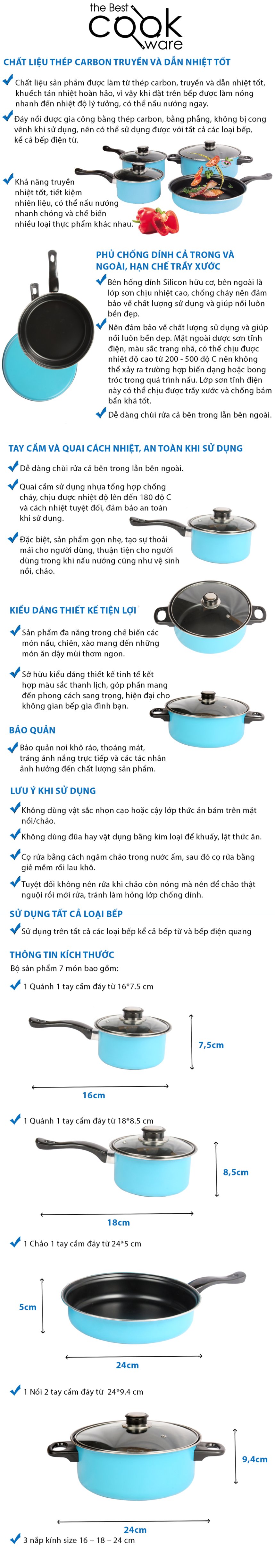 Quánh chống dính đáy từ 1 tay cầm The Best Cook Ware size 18cm dùng được tất cả các loại bếp (Induction)