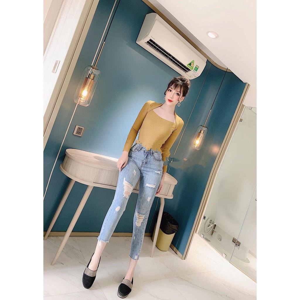 Quần jean 9 TẤC BIGSIZE Lưng cao, Rách kiểu, màu xanh nhạt, co dãn mạnh rẻ đẹp dành cho người béo Hottrend Moliruan