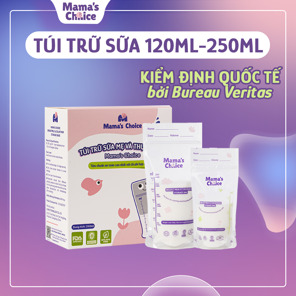 Túi Trữ Sữa Mamas Choice, Túi Đựng Sữa Mẹ Loại 250Ml Và 120Ml, Kiểm Định An Toàn Bởi Bureau Veritas, Hộp 30 Túi - 120Ml