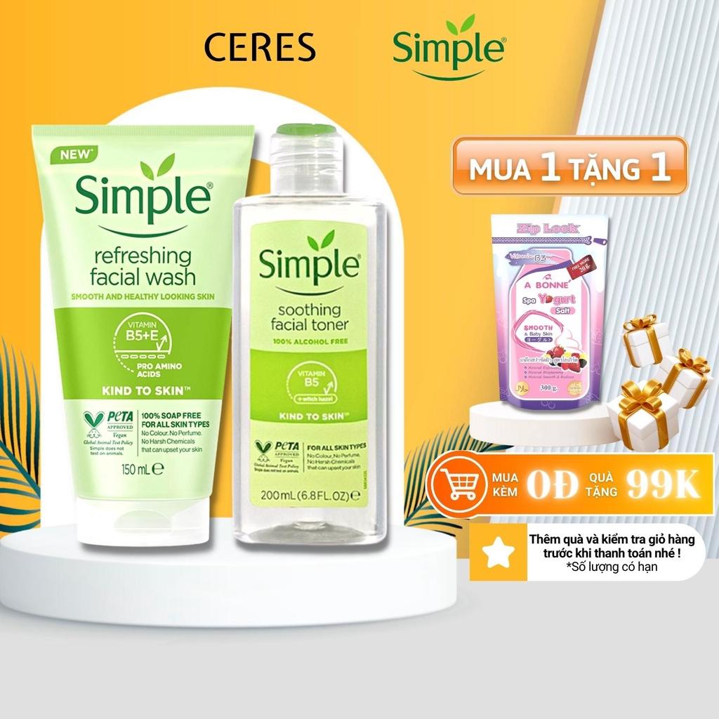 Combo 2 Simple Làm Sạch &amp; Cân Bằng Ph Da ( Sữa Rửa Mặt + Toner Nước Hoa Hồng ) 150ml &amp; 200ml/Chai