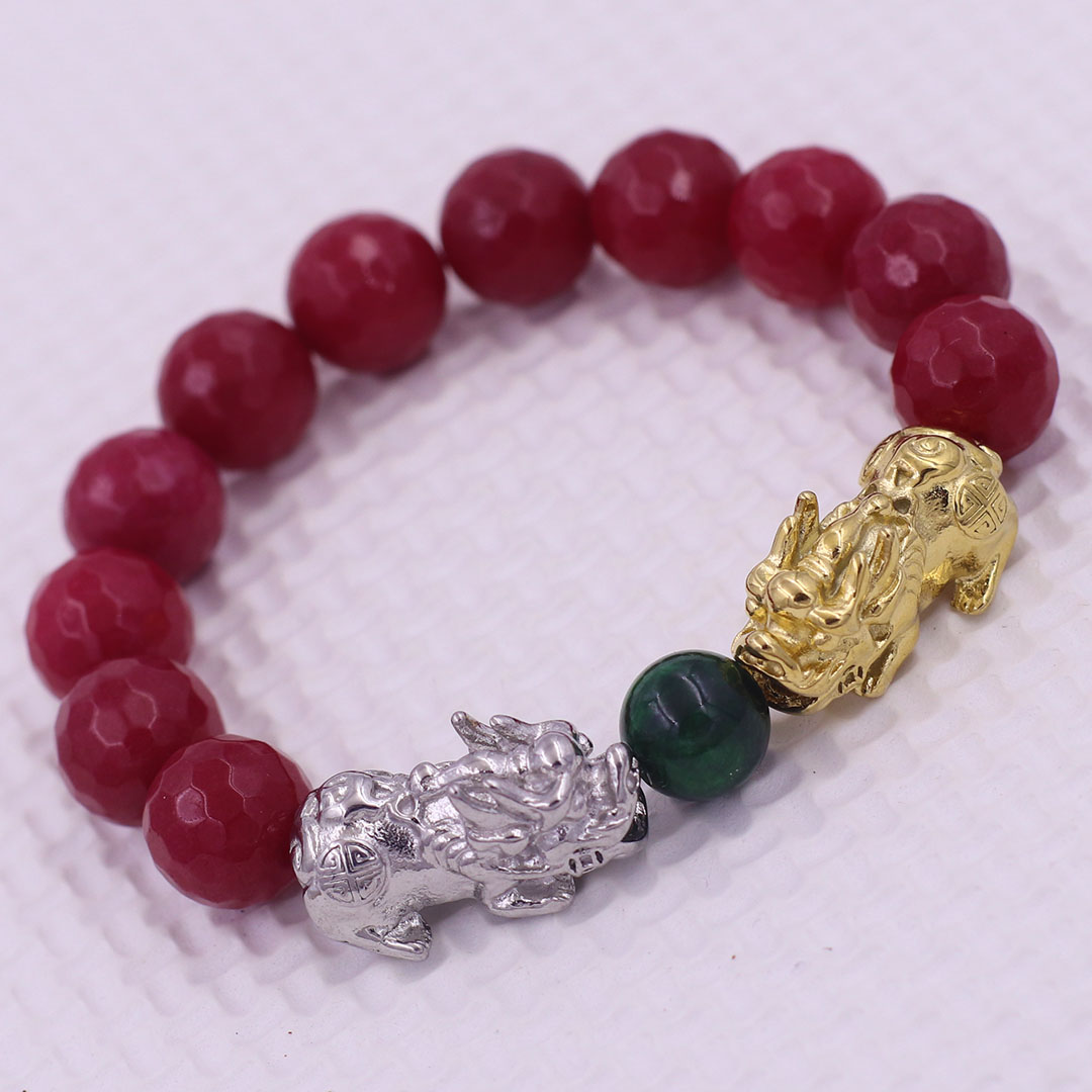 Vòng chuỗi đeo tay đa thạch anh đỏ cắt giác 12 ly charm tỳ hưu đôi inox trắng và vàng, vòng chuỗi phong thủy, charm tỳ hưu, vòng tay hạt chuỗi