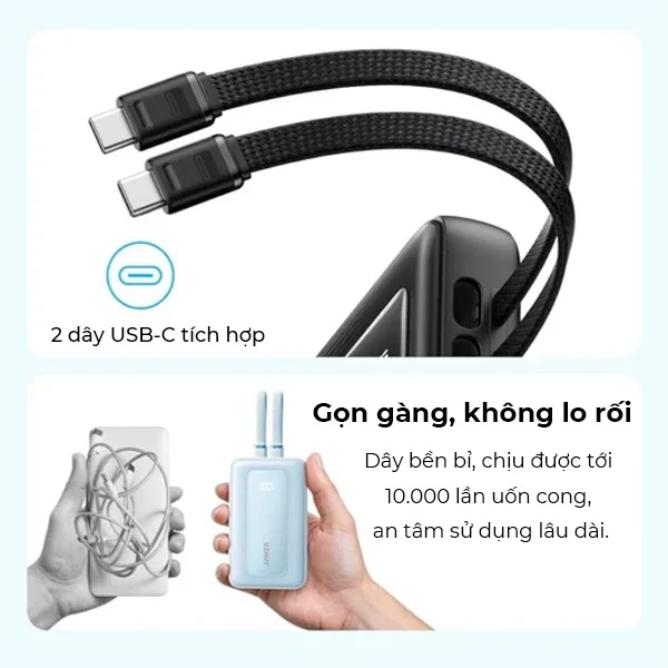 Pin Sạc Dự Phòng Anker Zolo A110M 20.000mAh 45W Kèm 2 Cáp USB-C Tích Hợp - Hàng Chính Hãng