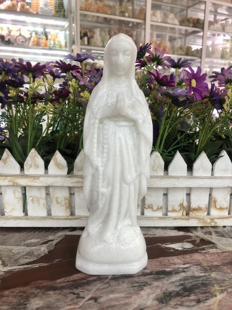 Hình ảnh Tượng Công Giáo Đức Mẹ Maria chấp tay đá cẩm thạch trắng - Cao 20 cm