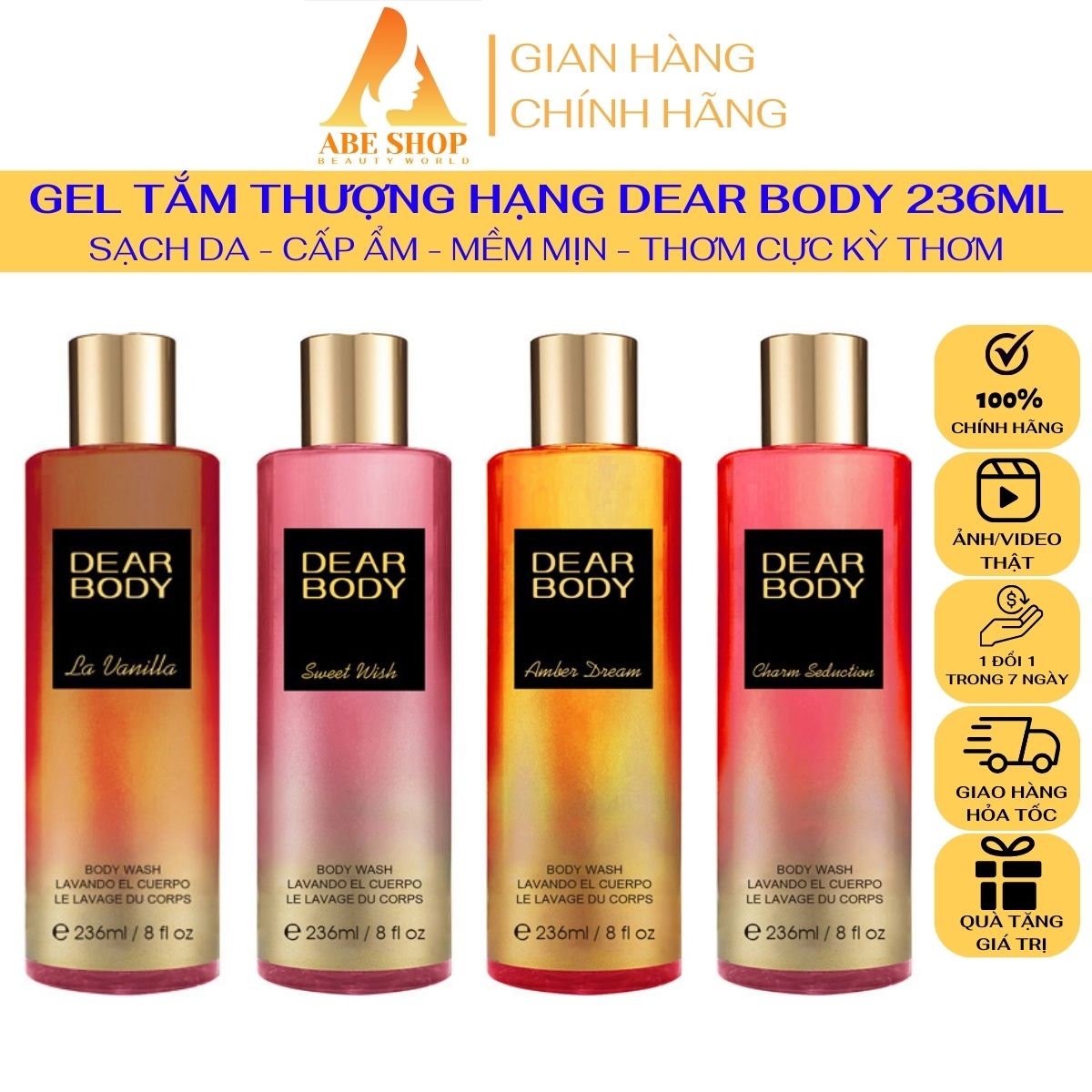 Gel Tắm Nước Hoa - Body Wash DEAR BODY 236ml - Làm Sạch Bề Mặt Cơ Thể - Giúp Da Mềm Mịn - Cấp Ẩm - Hương Thơm Hấp Dẫn