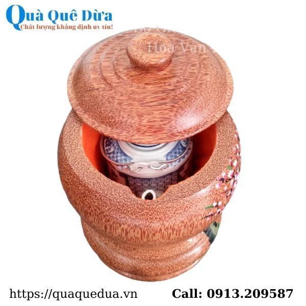 Bình Trà Gỗ Dừa Hoa Văn Lồng Chữ Lộc Và Bình Trà 700 - 950ml - Sản Phẩm Được Sản Xuất Tại Bến Tre