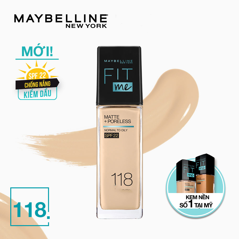 Kem Nền Maybelline Mịn Nhẹ Kiềm Dầu Chống Nắng Fit Me Matte Poreless Foundation Spf22 30Ml - 118 Light Beige