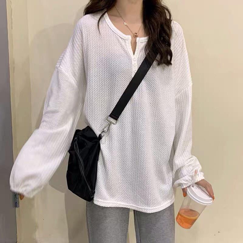 Áo Ulzzang Thun Len Mỏng Tay Bo Cúc Cài Dáng Rộng Cổ V
