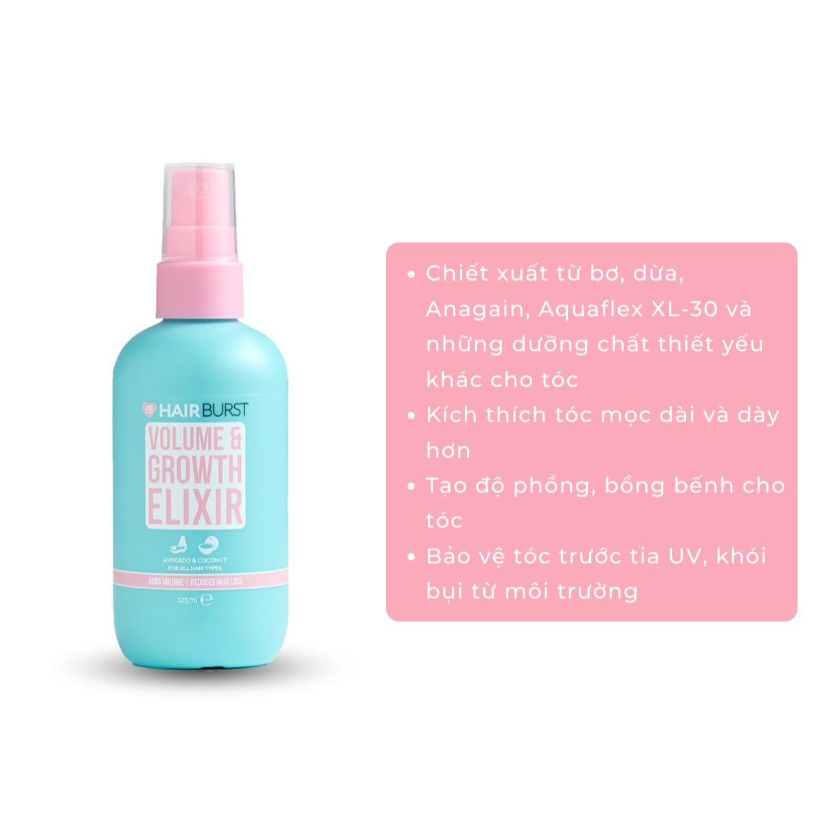 Combo Kẹo Dẻo + Xịt Dưỡng Làm Phồng, Kích Thích Mọc Tóc HAIRBURST 125ml + 60 Viên