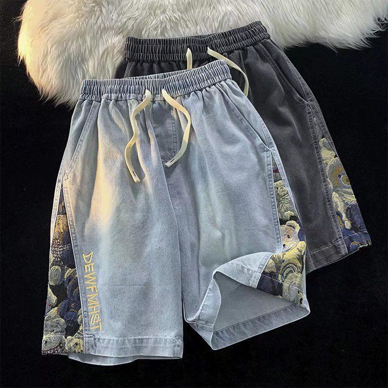 Quần Short Denim Ống Rộng Phối Hình Gấu Thời Trang Mùa Hè Cho Nam