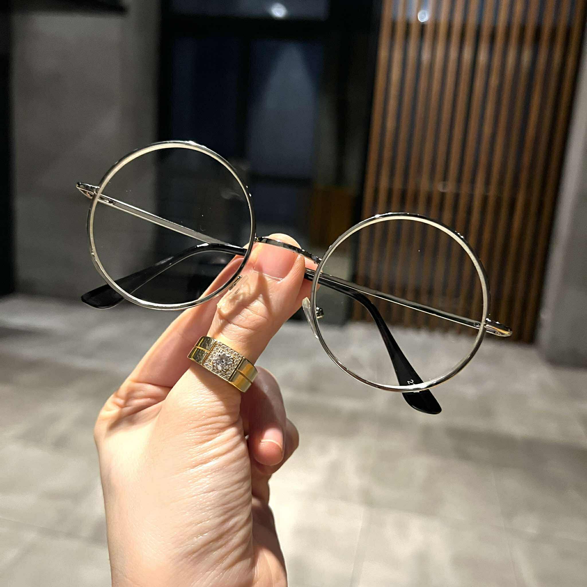 Kính thời trang nam nữ dáng Mắt tròn bản lề nhíp lò xo gọng kim loại bạc
