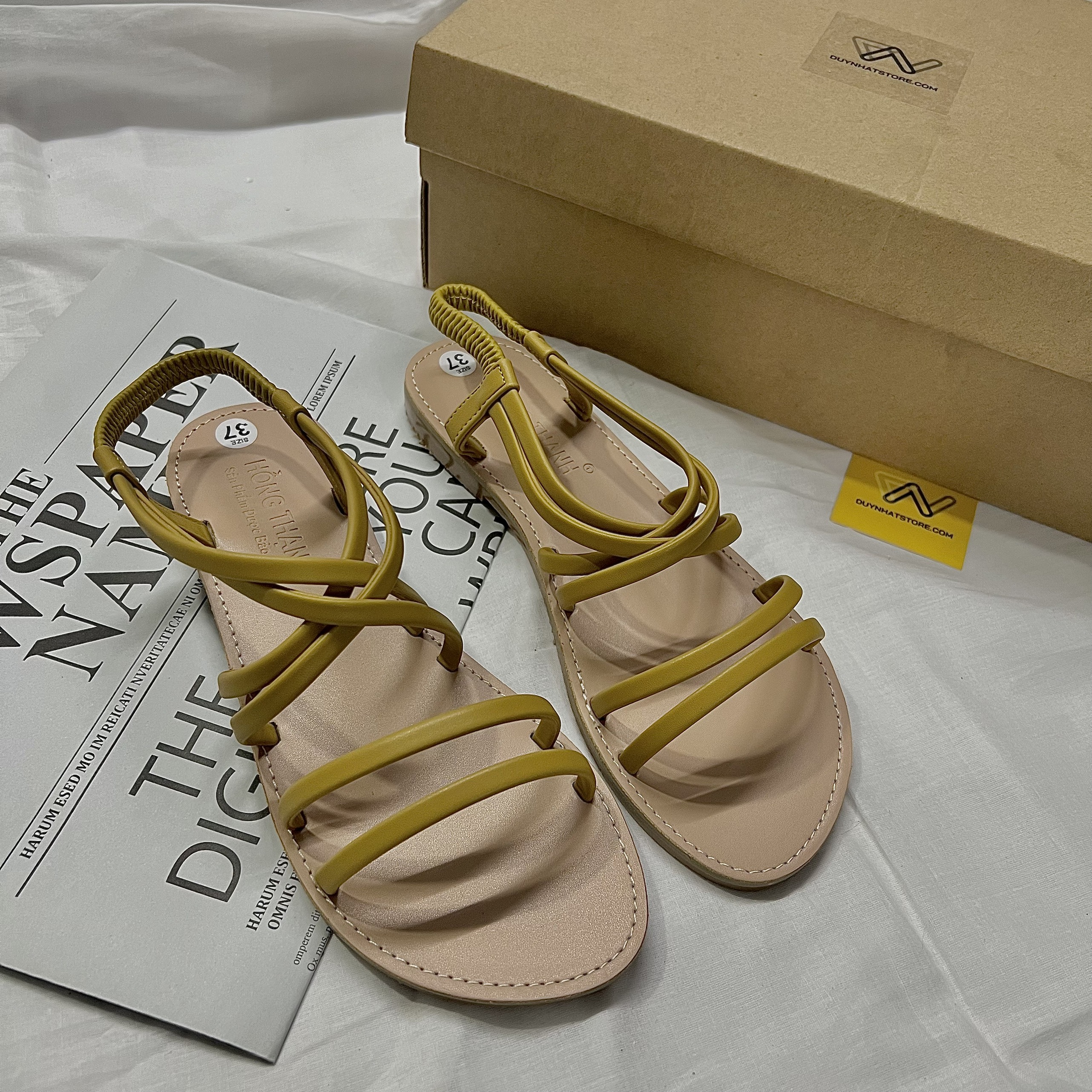 Giày Sandal Nữ Quai Ngang Đế Bệt Màu Kem Vàng Đen Dây Mảnh Nhỏ Duy Nhật Store Học Sinh Đi Học Bền Uzzang Chiến Binh Thun