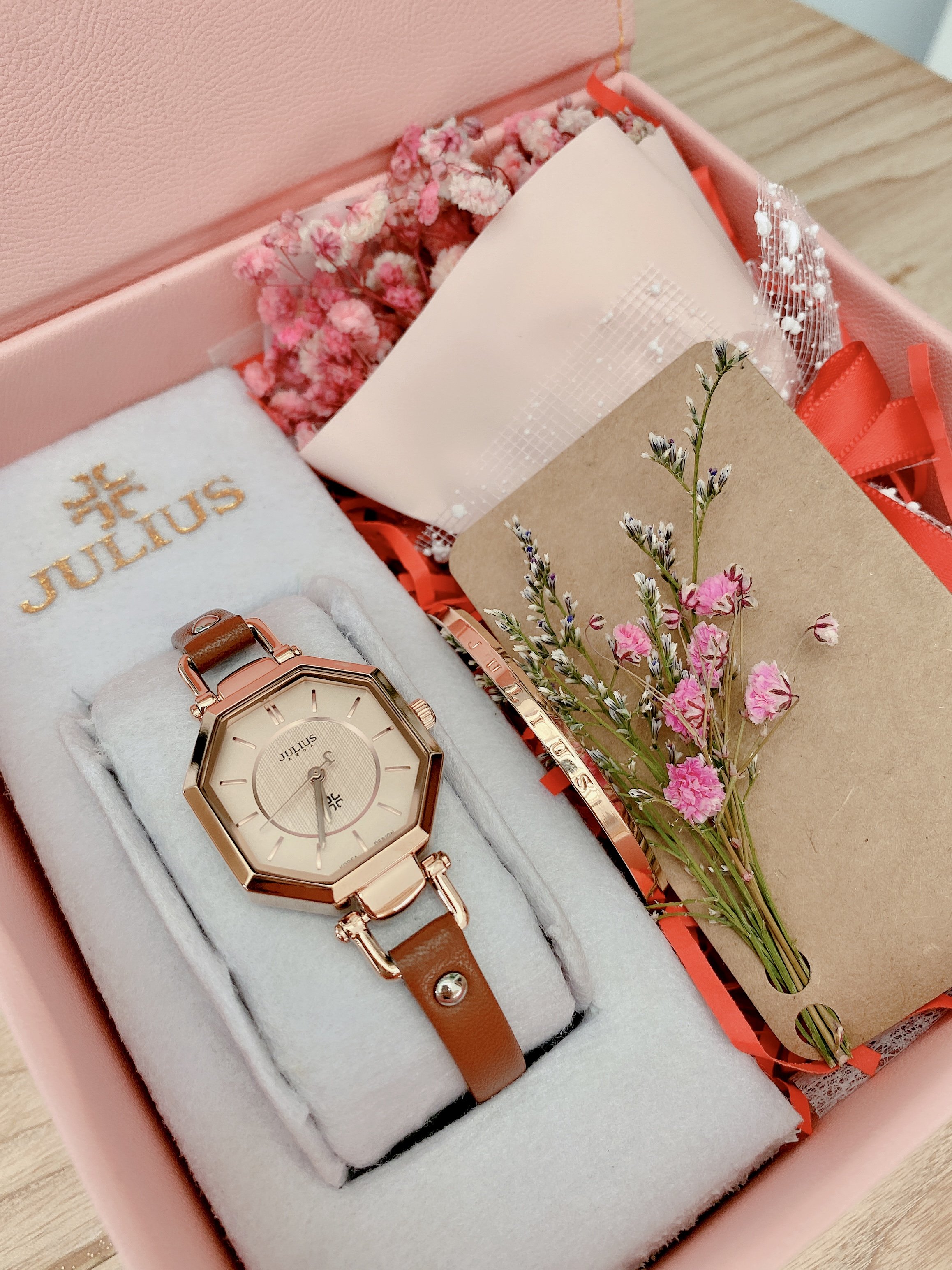 Combo đồng hồ nữ Julius JA-750 dây da Hộp da cao cấp kèm lắc tay