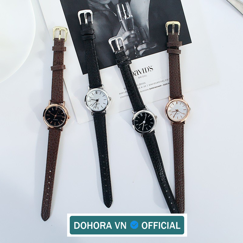 Đồng hồ nữ mặt tròn nhỏ DOHORA VN DSDH110 dây da vạch kẻ chạy 3 kim mẫu mới cực thanh lịch thời trang hot chống nước sinh hoạt nhẹ dây da dành cho học sinh cấp 2 sinh viên - Hàng nhập khẩu