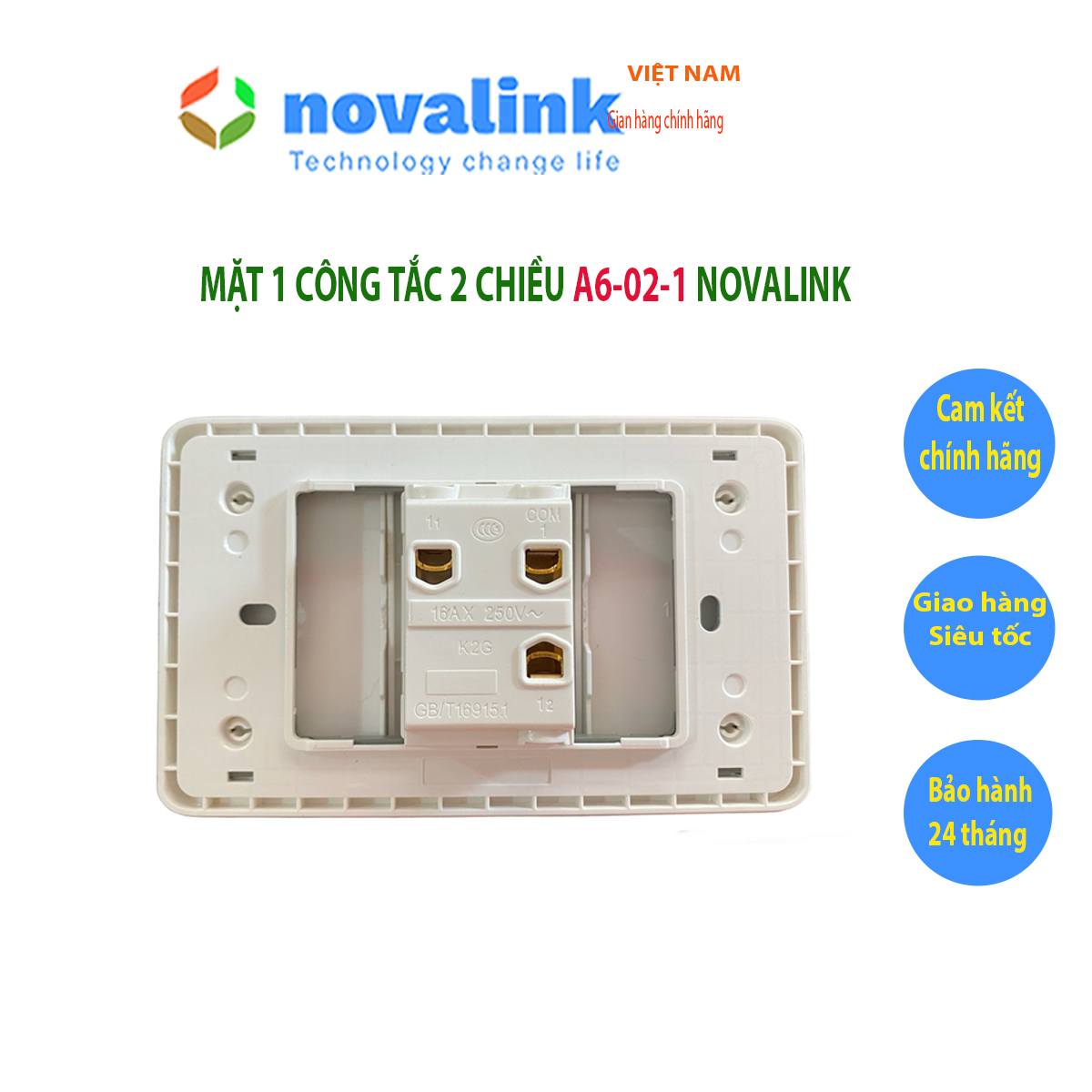 Mặt 1 công tắc đảo chiều A6-02-1 Novalink chính hãng. Mặt nhựa chống cháy, bảo hành 24 tháng đổi 1