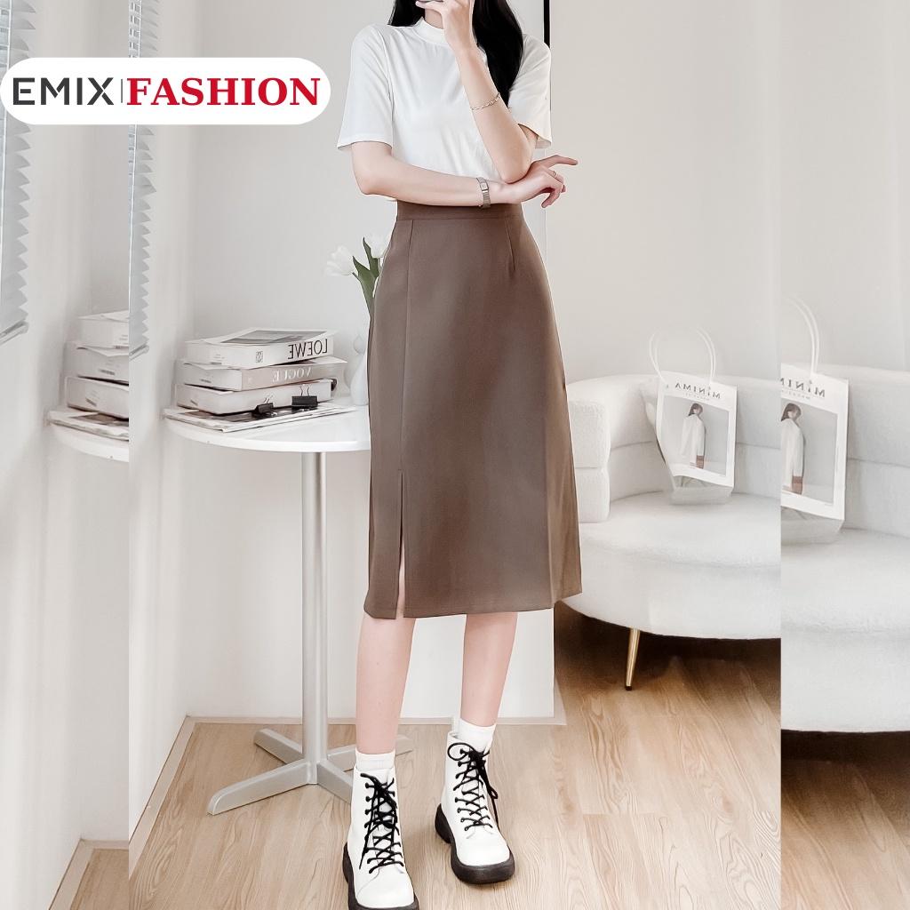 Chân váy chữ A EMIX xẻ tà bên, midi, cạp cao, vải 2 biên 6622