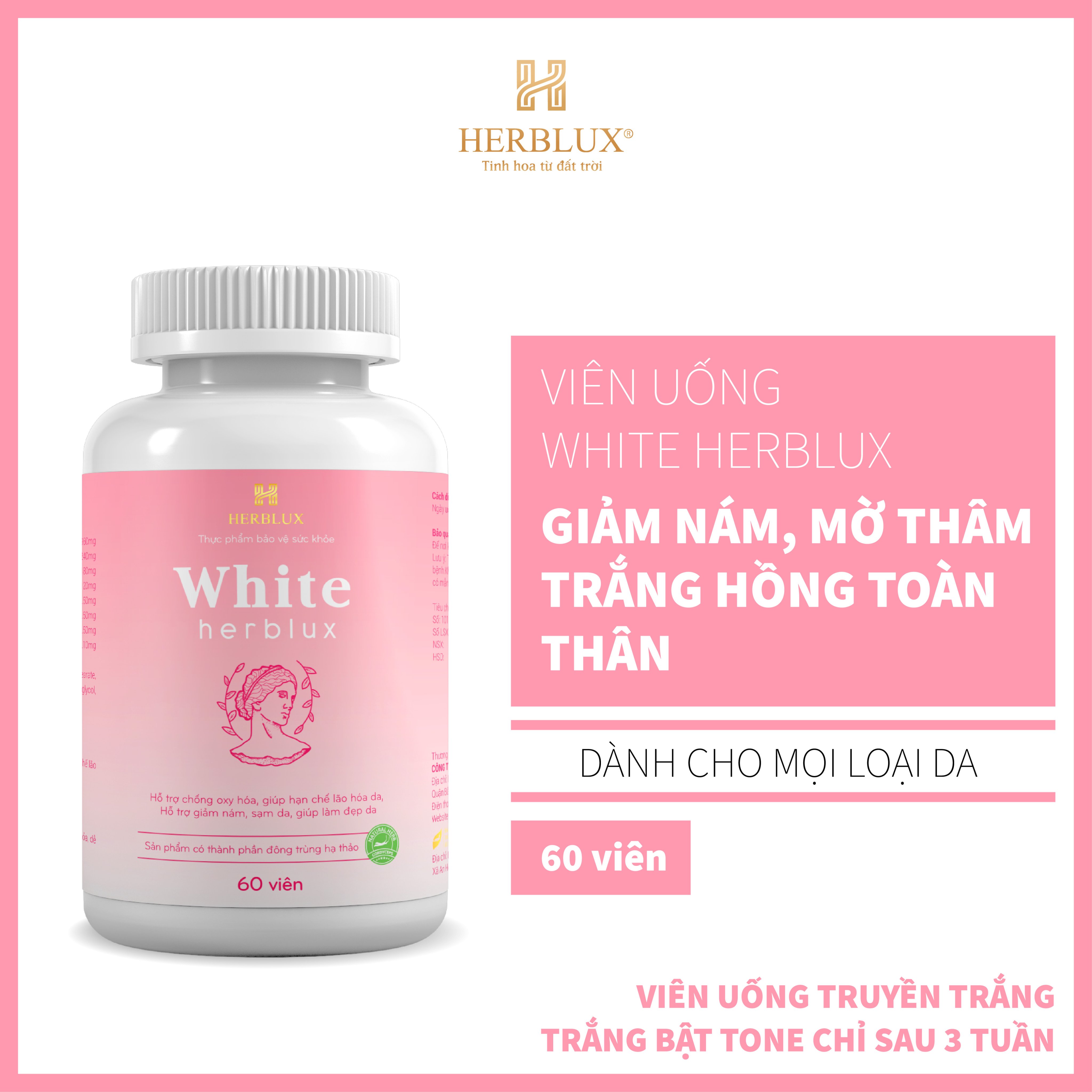 Viên Uống Trắng Da WHITE HERBLUX Chống Lão Hóa Dưỡng Cấp Ẩm Da Mặt Body Căng Bóng Giảm Thâm Nám Tàn Nhang Mụn Bổ Sung Collagen Đông Trùng Hạ Thảo Tăng Nội Tiết Tố Nữ