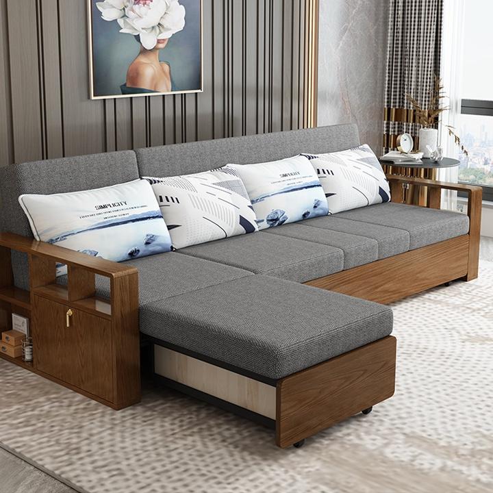 Giường Sofa Gấp Gọn Thành Ghế Tay Gỗ Khung Kim Loại Chịu Lực Sơn Tĩnh Điện Có Ngăn Chứa Đồ Tiện Ích