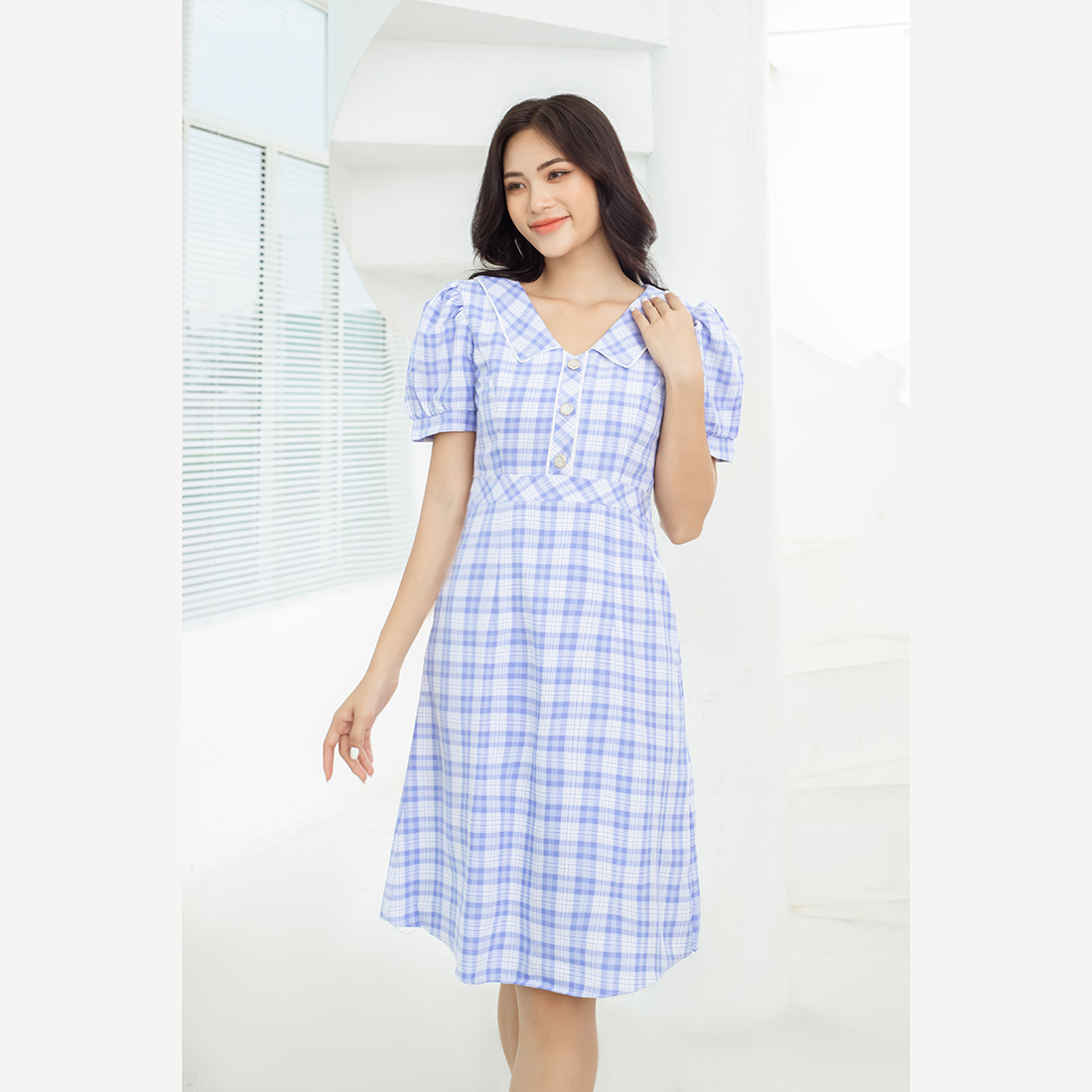Đầm công sở họa tiết caro thời trang Eden - D449