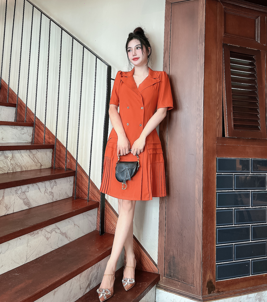 Đầm cổ vét phối dập li sang trọng D062- Lady Fashion