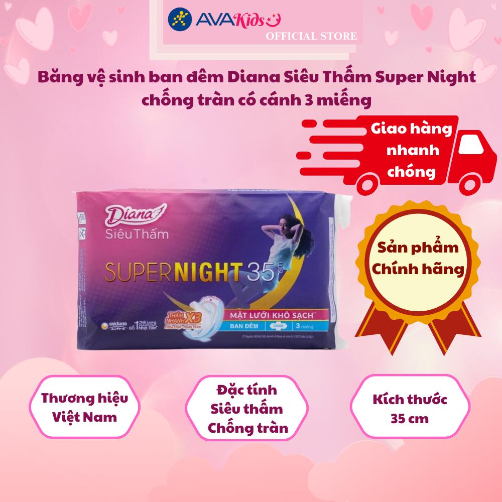 Băng vệ sinh ban đêm Diana Siêu Thấm Super Night chống tràn có cánh 3 miếng