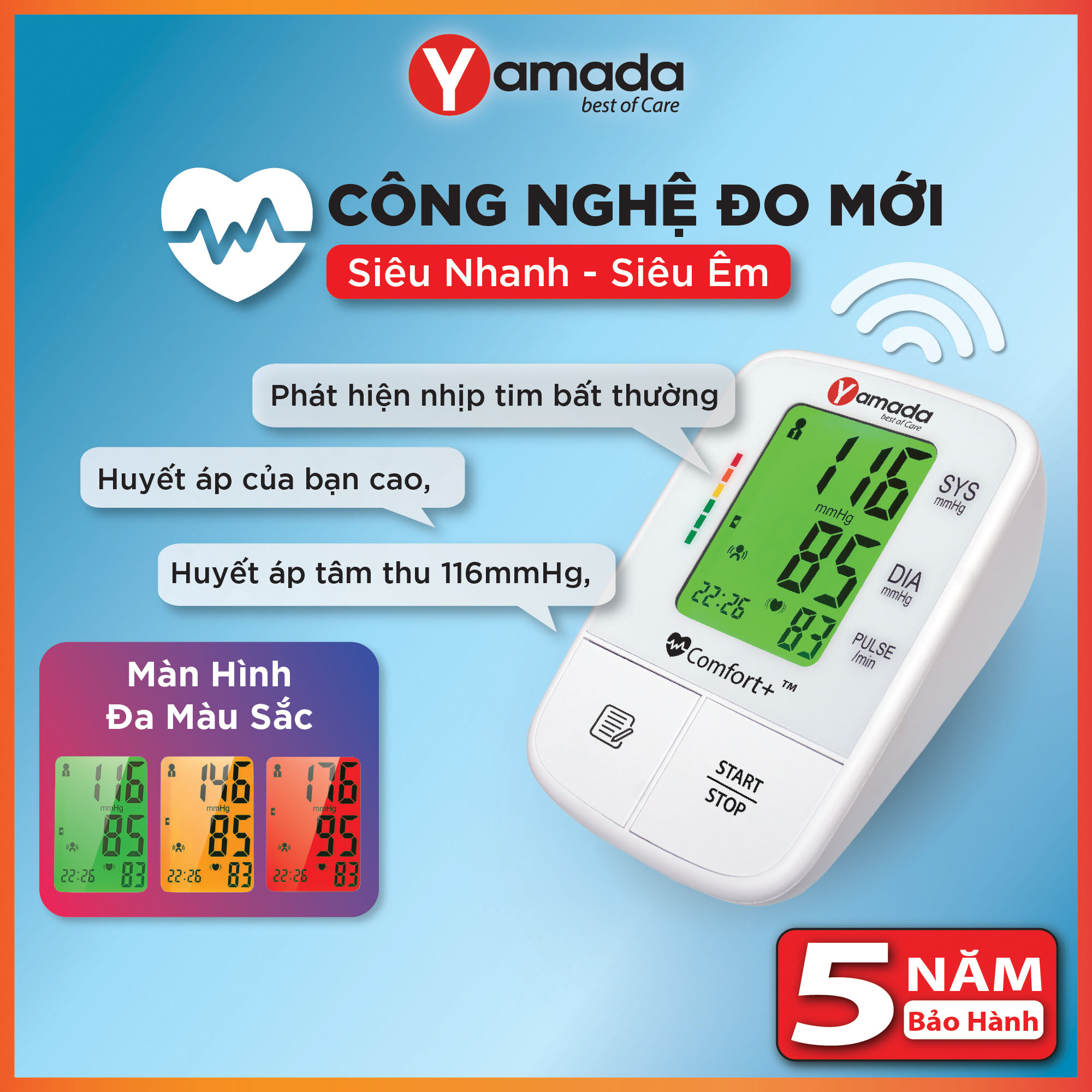 Máy đo huyết áp điện tử Yamada 6191 - Trợ lý ảo giọng nói tiếng Việt, Màn hình đa màu, Đo siêu nhanh và êm, Cảnh báo nhịp tim