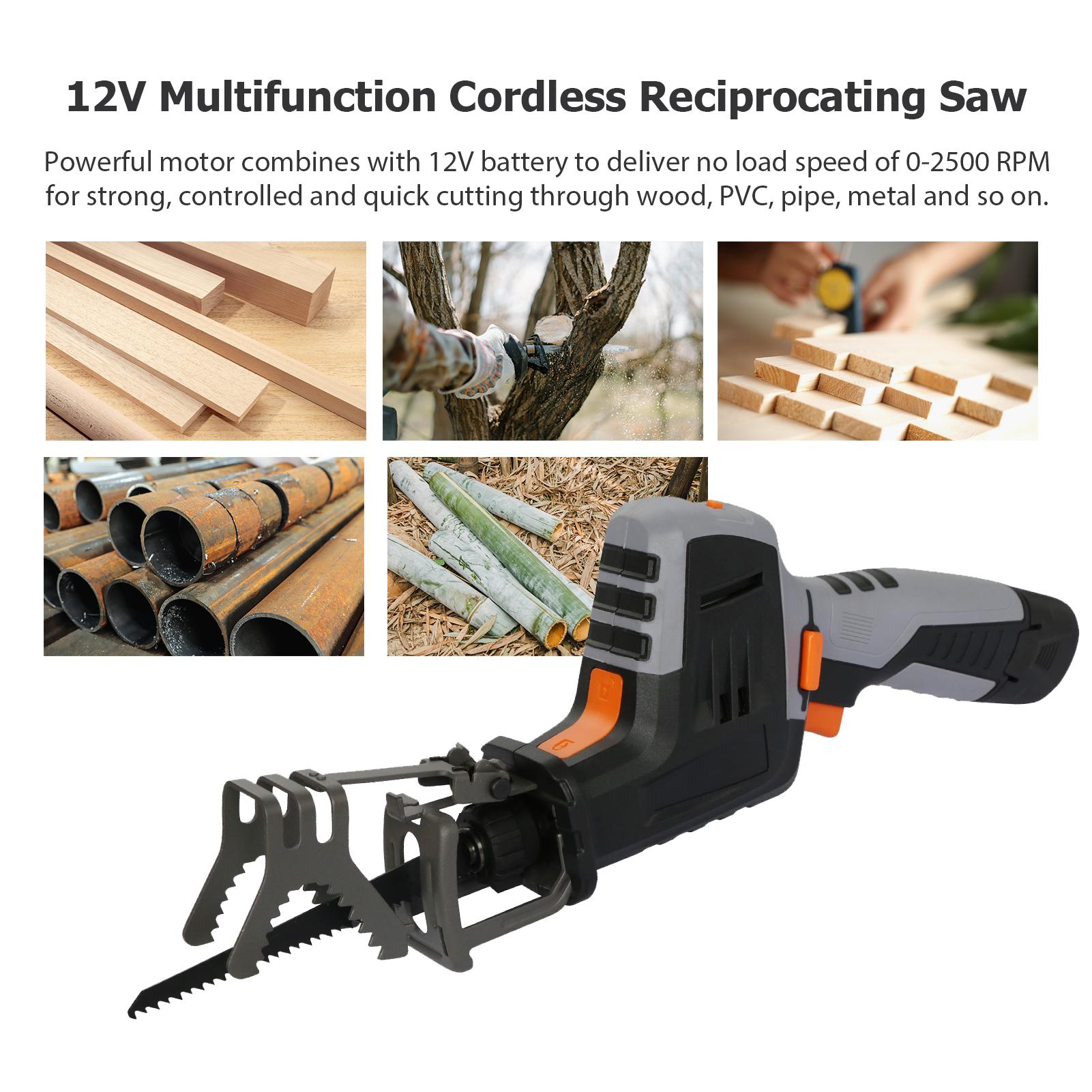 12V Cordless Reciprocating Saw 2500RPM Handheld Electric Saw with 1.5Ah Battery Fast Charger Wood Cutting Saw Blade Branches Sawing Woodworking Power Tool