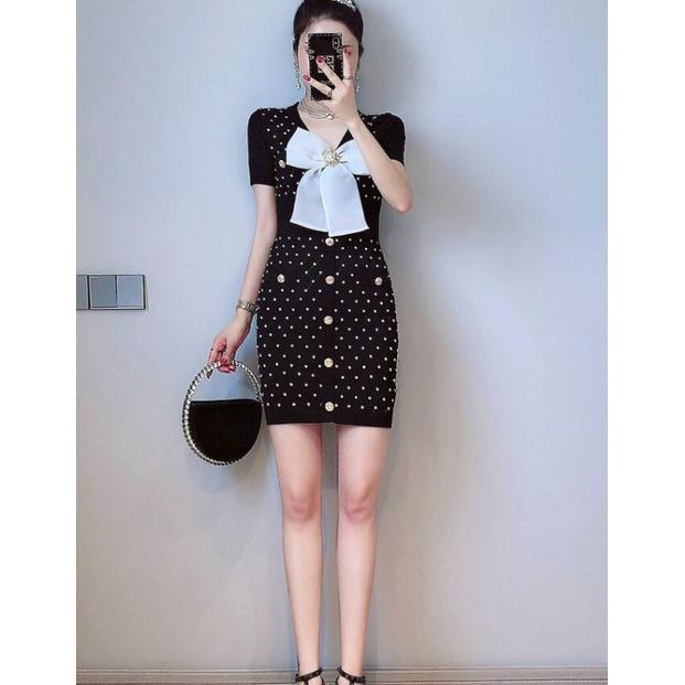 ĐẦM LEN BODY PHỐI NÚT CỔ NƠ KẾT HẠT