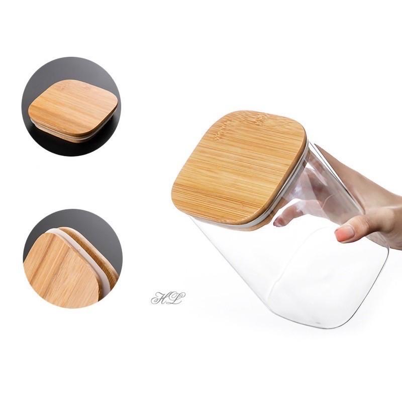 Lọ hũ đựng chè,các loại hạt hình vuông nắp gỗ có doăng kín 4 cỡ
